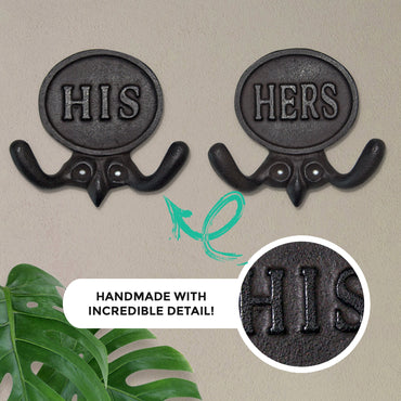 Set of 2 Cast Iron His and Hers Towel Hooks, 5.8"